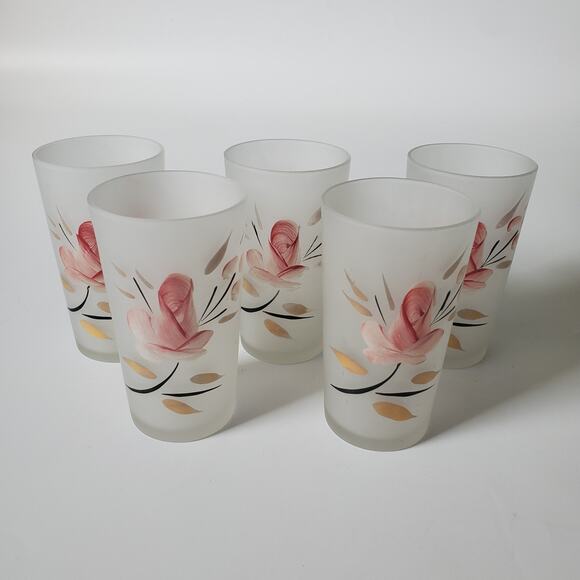 Hazel Atlas Vintage MCM Hand Painted Pink Roses Frosted Tumblers Set of 5 Drink - Picture 1 of 8